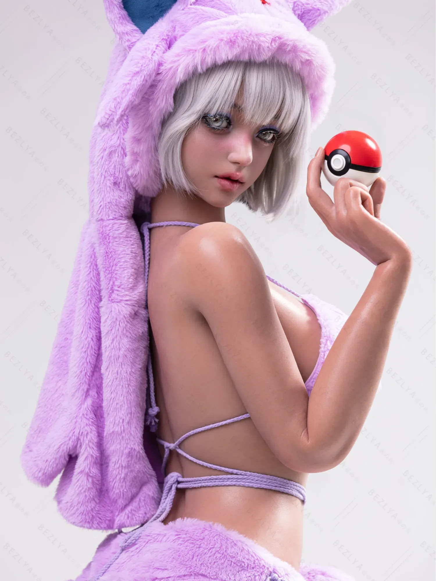 F5936-155Mcm(5.1ft)-38kg 2.2cf E Cup Sex Doll in Purple Plush Cat Costume – Realistic Silicone Anime Catgirl Doll for Adults｜AITIA Doll view 4