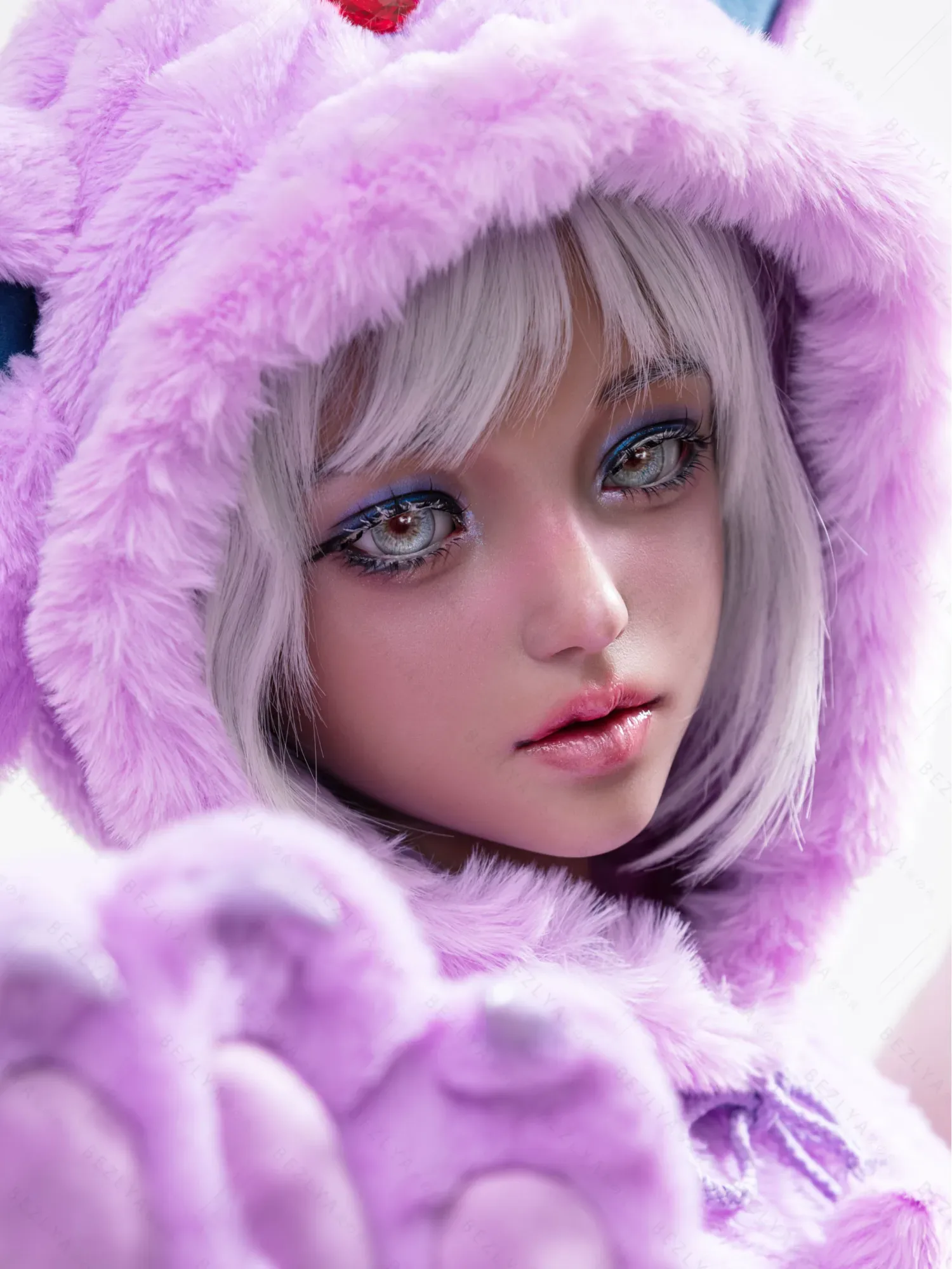 F5936-155Mcm(5.1ft)-38kg 2.2cf E Cup Sex Doll in Purple Plush Cat Costume – Realistic Silicone Anime Catgirl Doll for Adults｜AITIA Doll view 8