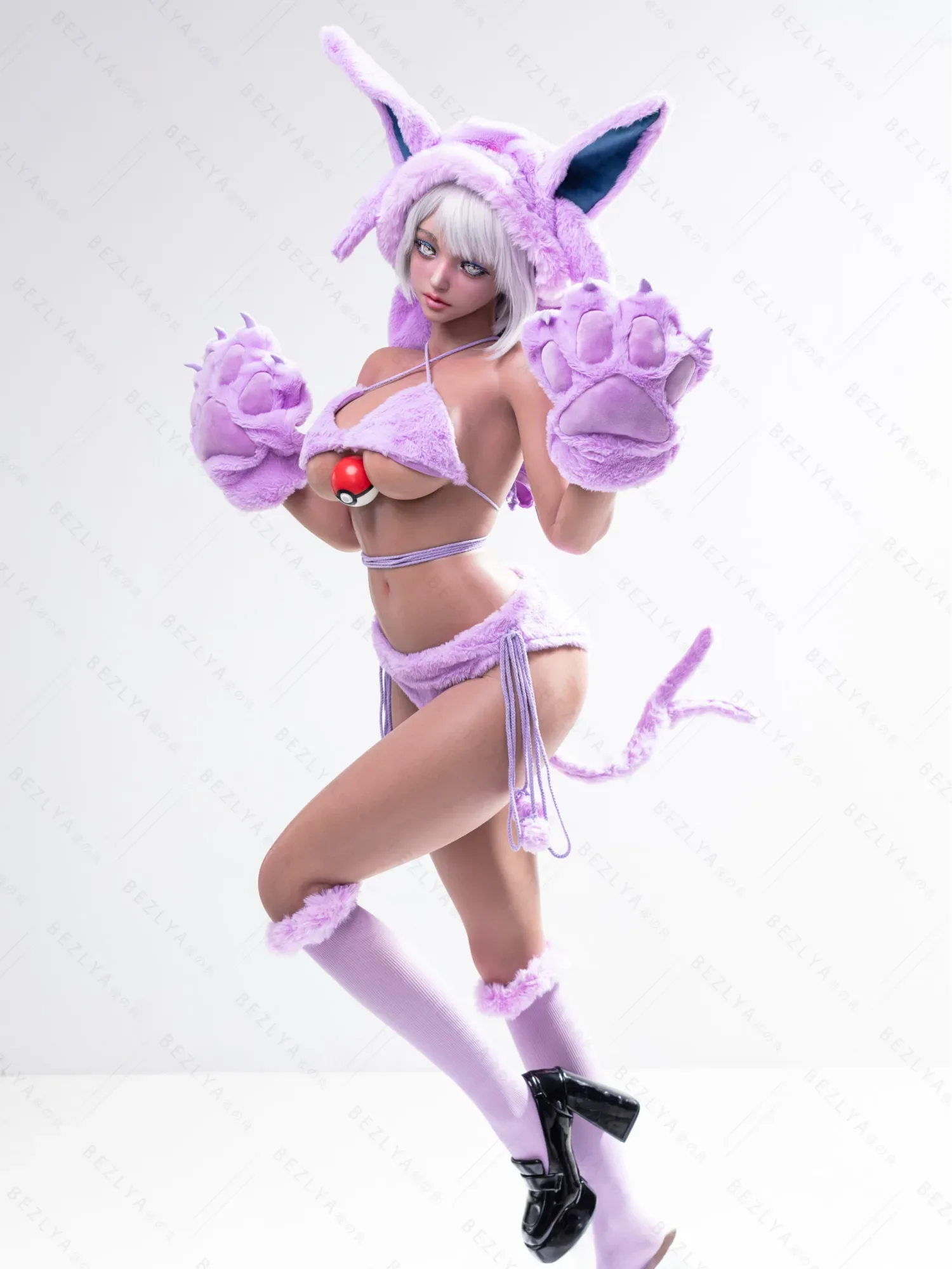F5936-155Mcm(5.1ft)-38kg 2.2cf E Cup Sex Doll in Purple Plush Cat Costume – Realistic Silicone Anime Catgirl Doll for Adults｜AITIA Doll view 7